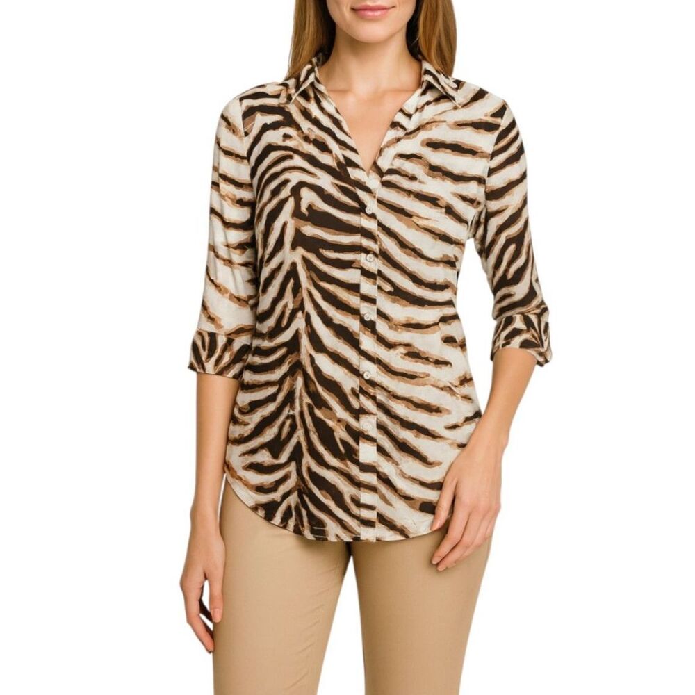 New York & Company Women’s Animal Print Button-Up Blouse | Size Small Tall